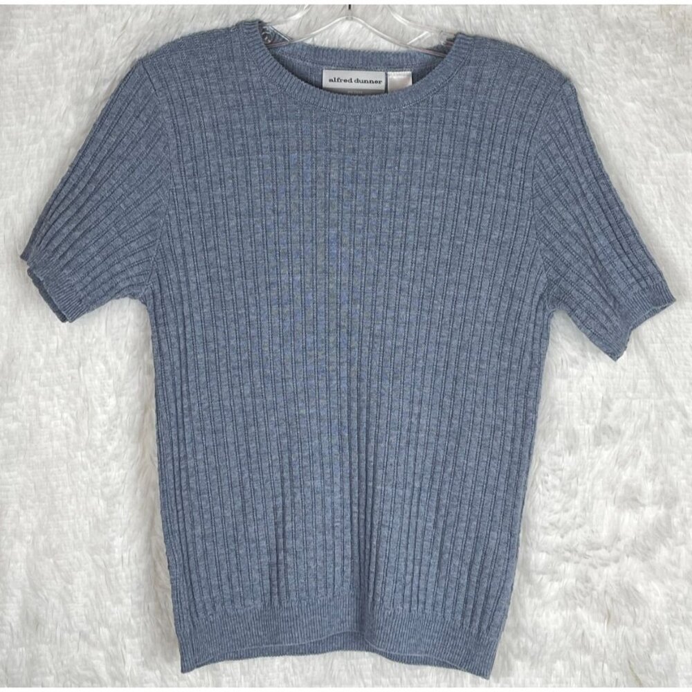 Alfred Dunner Petite Medium Short Sleeve Light Blue Knit Sweater Shoulder Pads